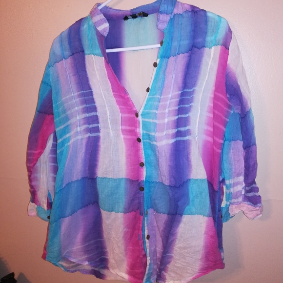 3/4 roll up sleeve colorful sheer blouse - Picture 3 of 8